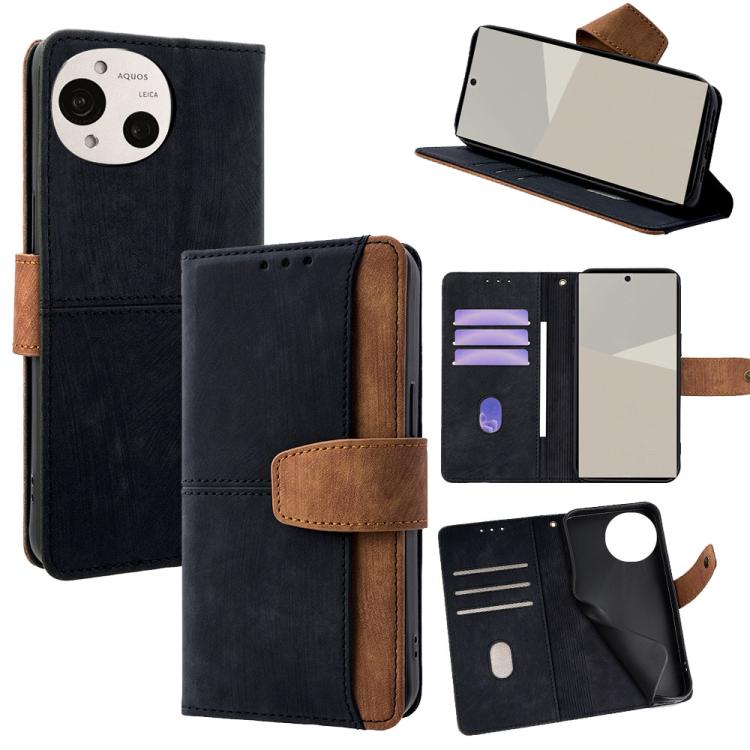 

For Sharp Aquos R10 5G Color Stitching Skin Feel Leather RFID Blocking Phone Case(Black)