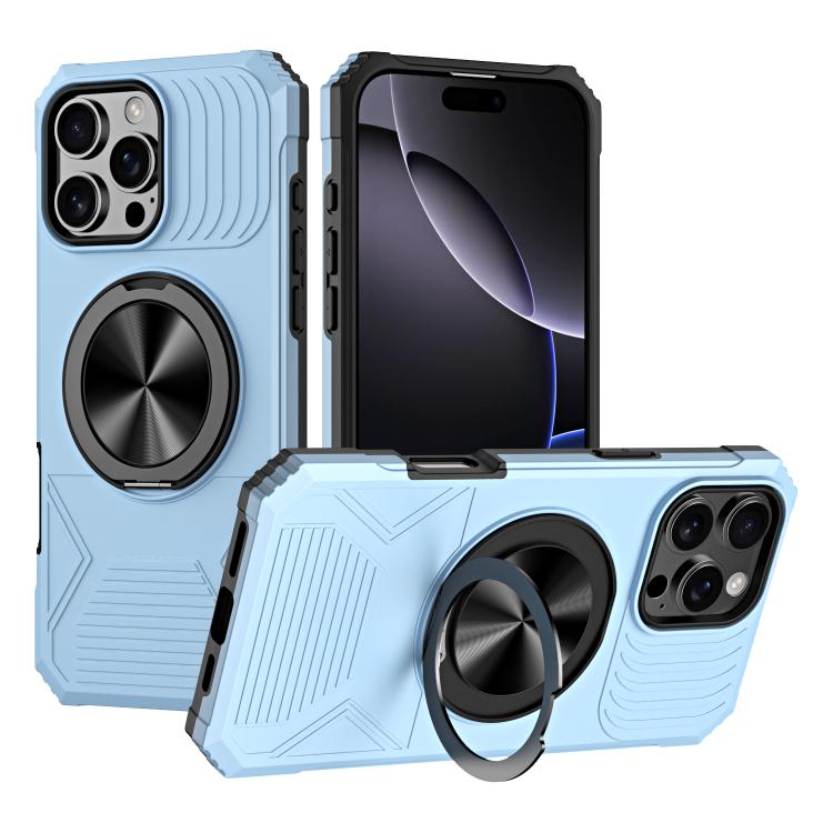 

For iPhone 16 Pro Max Alloy Rotating Holder MagSafe Shockproof Phone Case(Sky Blue)