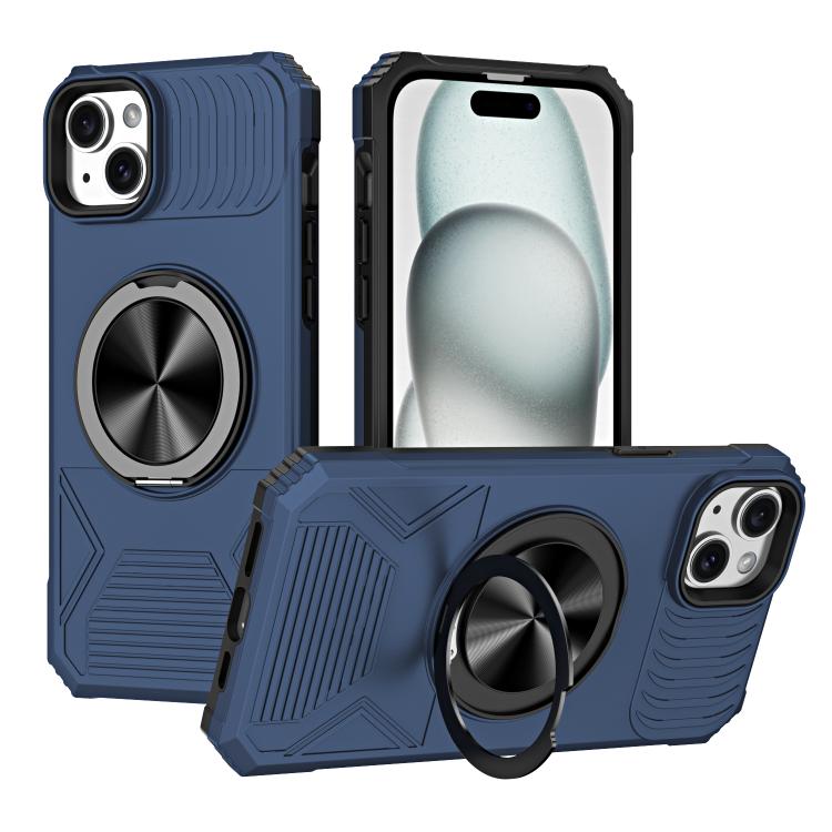 

For iPhone 15 Plus Alloy Rotating Holder MagSafe Shockproof Phone Case(Blue)
