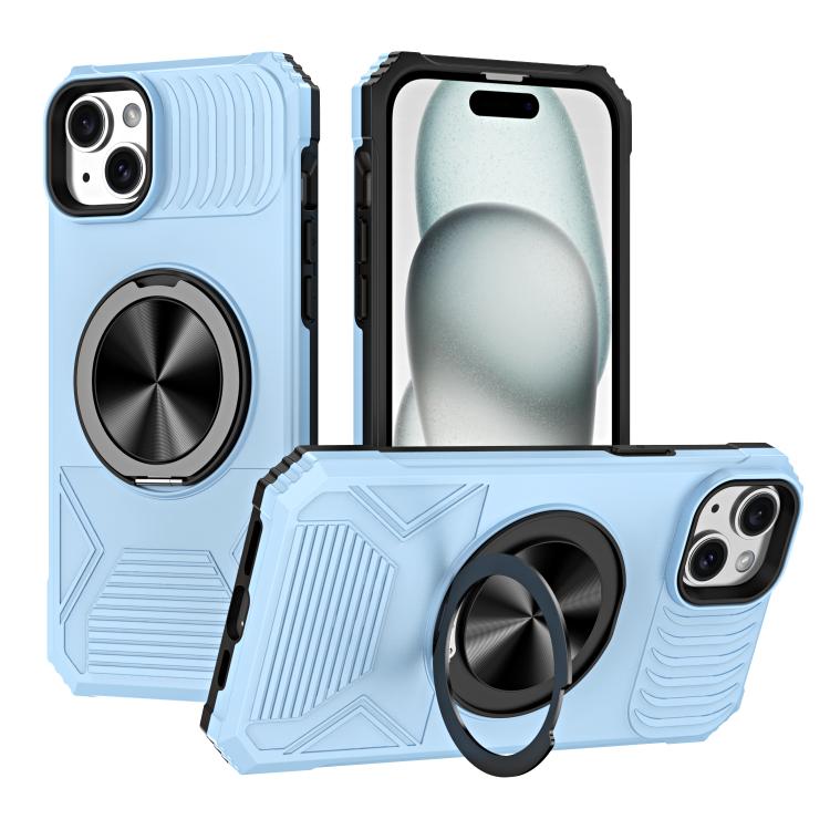 

For iPhone 15 Plus Alloy Rotating Holder MagSafe Shockproof Phone Case(Sky Blue)