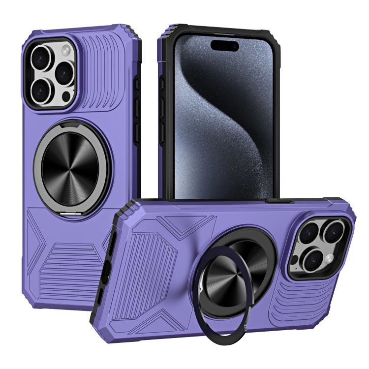 

For iPhone 15 Pro Alloy Rotating Holder MagSafe Shockproof Phone Case(Violet)