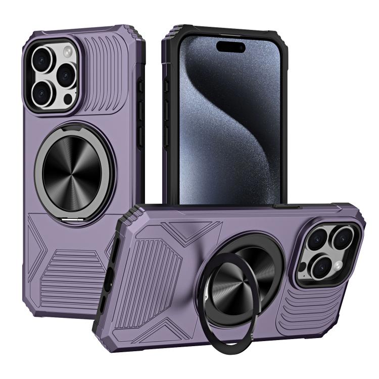 

For iPhone 15 Pro Alloy Rotating Holder MagSafe Shockproof Phone Case(Dark Purple)