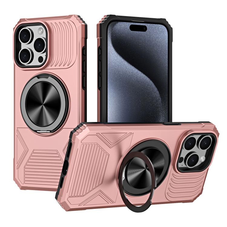 

For iPhone 15 Pro Max Alloy Rotating Holder MagSafe Shockproof Phone Case(Rose Gold)