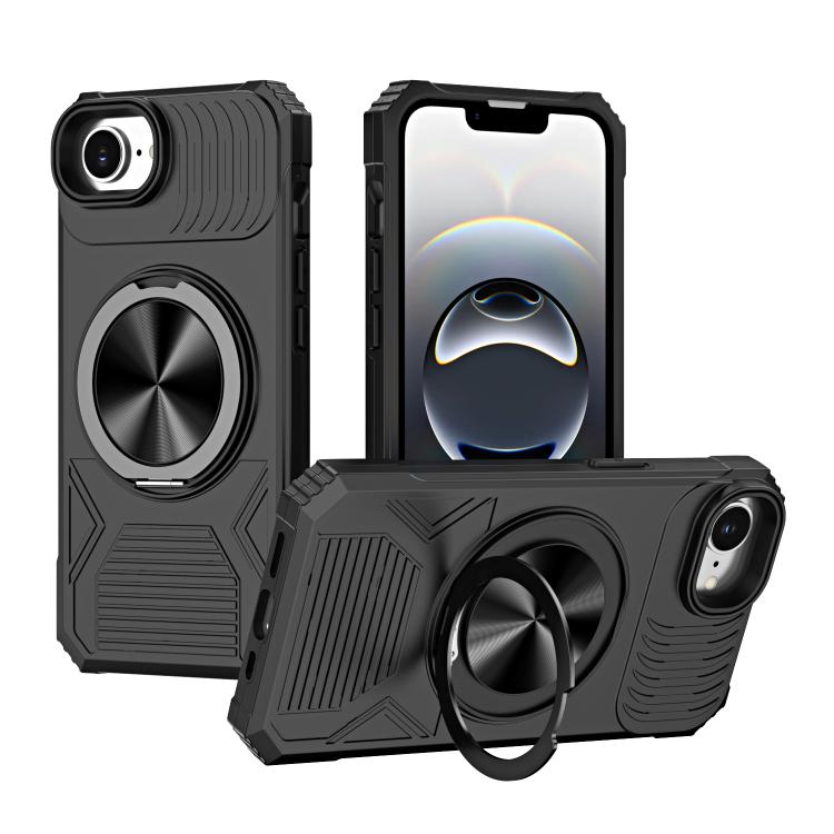

For iPhone 16e Alloy Rotating Holder MagSafe Shockproof Phone Case(Black)