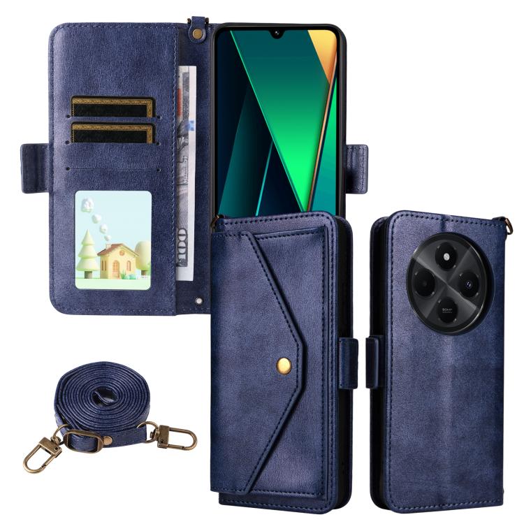 

For Redmi 14C 5G / 4G / A4 5G Multi-card Slots Crossbody Cowhide Leather Phone Case(Blue)