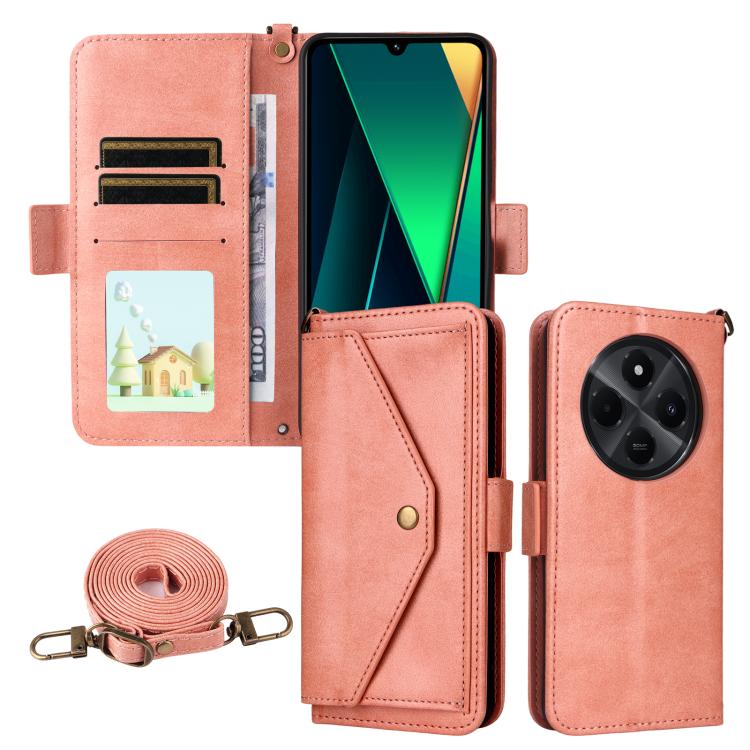 

For Redmi 14C 5G / 4G / A4 5G Multi-card Slots Crossbody Cowhide Leather Phone Case(Pink)