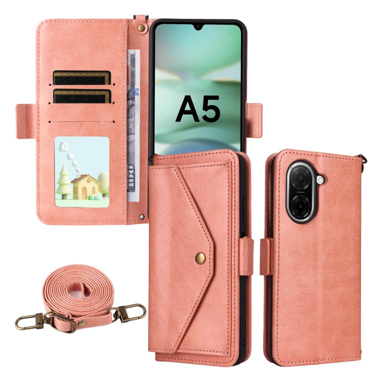 For Redmi A5 4G 173.3mm Multi-card Slots Crossbody Cowhide Leather Phone Case(Pink)