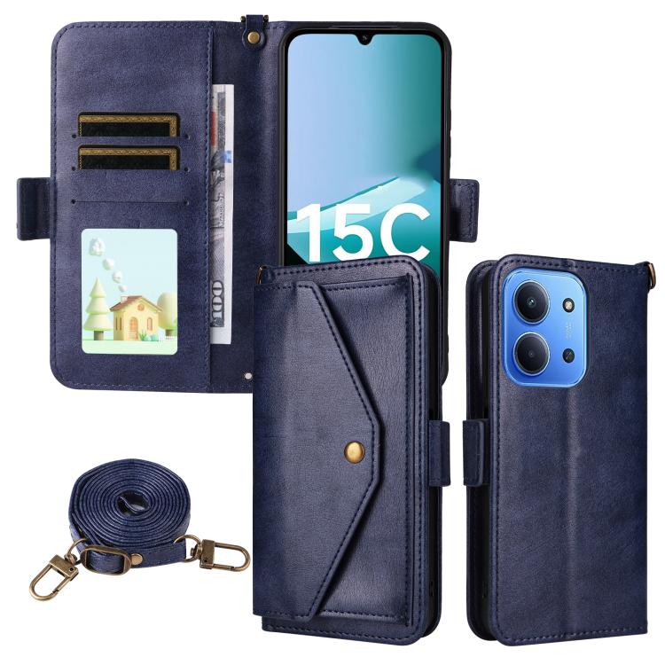 For Redmi 15C 5G / 4G Global 171mm / Poco C85 4G Multi-card Slots Crossbody Cowhide Leather Phone Case(Blue)