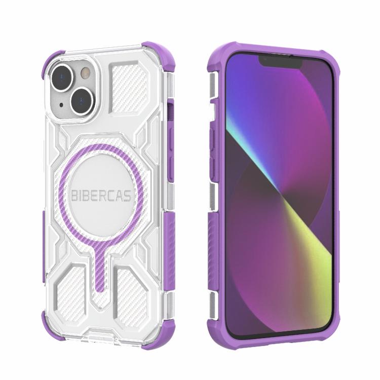 

For iPhone 13 / 14 BIBERCAS Transparent Color Series MagSafe Air Bag Shockproof Phone Case(Purple)