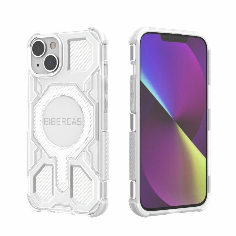 For iPhone 13 / 14 BIBERCAS Transparent Color Series MagSafe Air Bag Shockproof Phone Case(White)