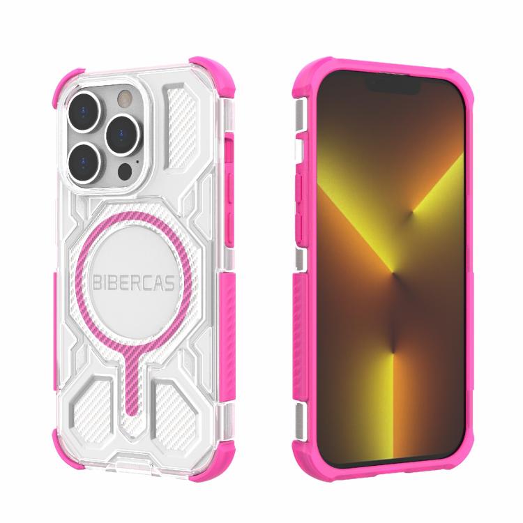 For iPhone 14 Pro BIBERCAS Transparent Color Series MagSafe Air Bag Shockproof Phone Case(Pink)