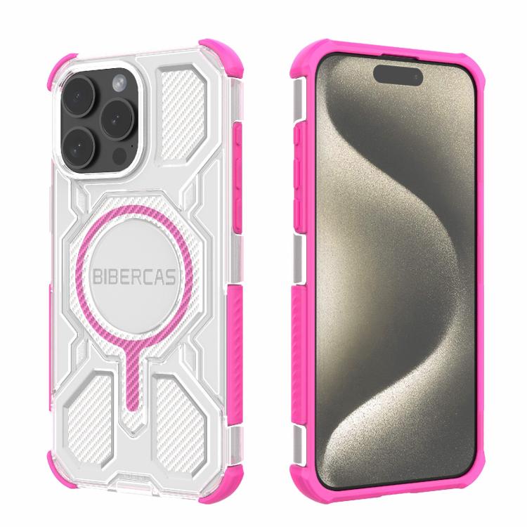 

For iPhone 15 Pro Max BIBERCAS Transparent Color Series MagSafe Air Bag Shockproof Phone Case(Pink)