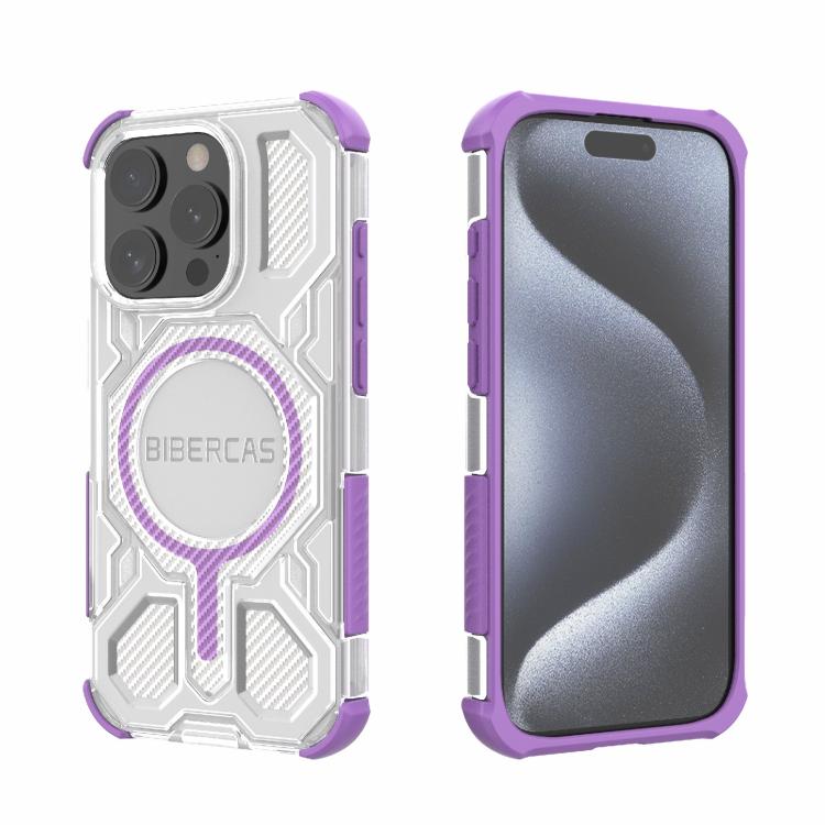 

For iPhone 15 Pro BIBERCAS Transparent Color Series MagSafe Air Bag Shockproof Phone Case(Purple)