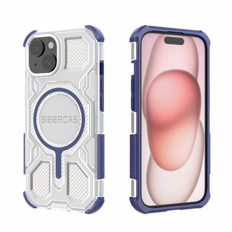 

For iPhone 15 BIBERCAS Transparent Color Series MagSafe Air Bag Shockproof Phone Case(Blue)
