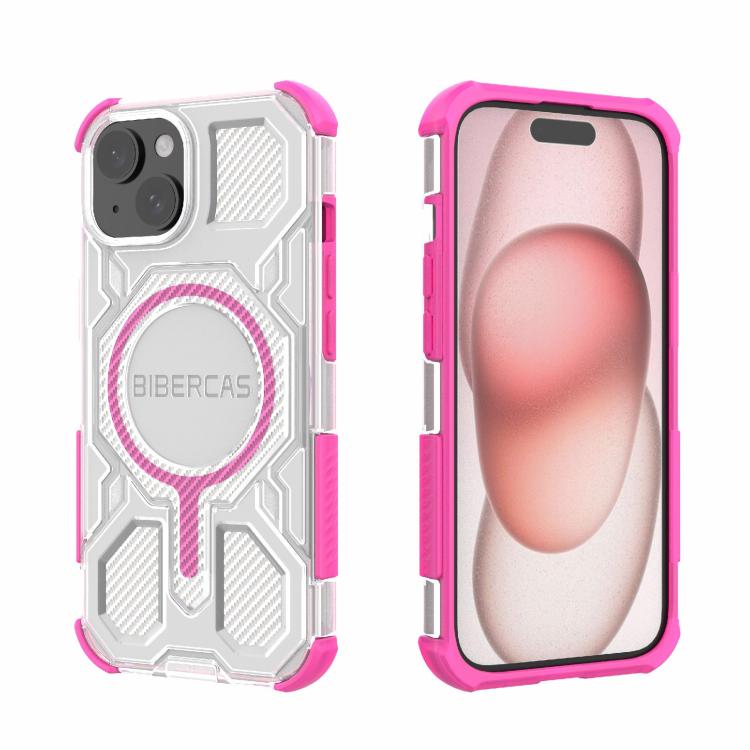 

For iPhone 15 BIBERCAS Transparent Color Series MagSafe Air Bag Shockproof Phone Case(Pink)