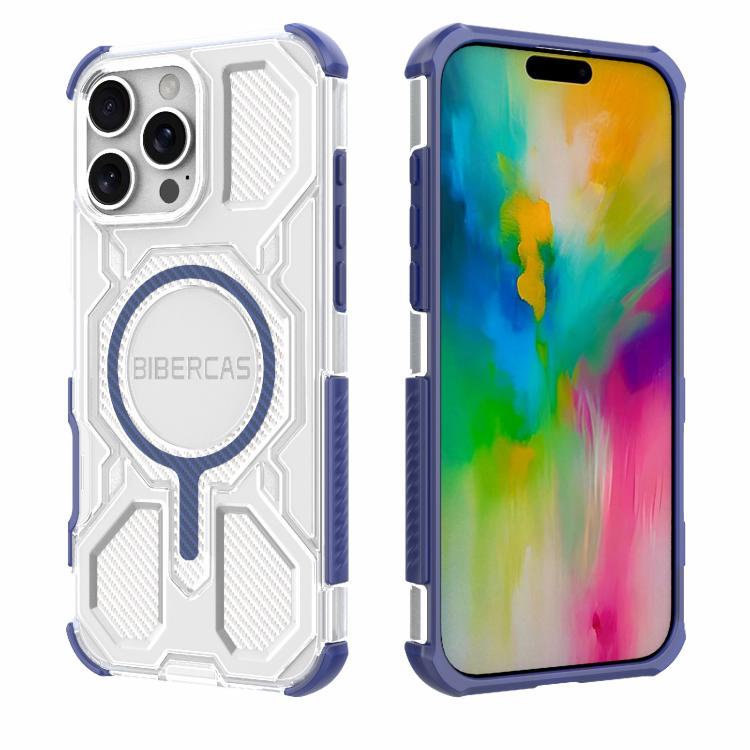 For iPhone 16 Pro Max BIBERCAS Transparent Color Series MagSafe Air Bag Shockproof Phone Case(Blue)