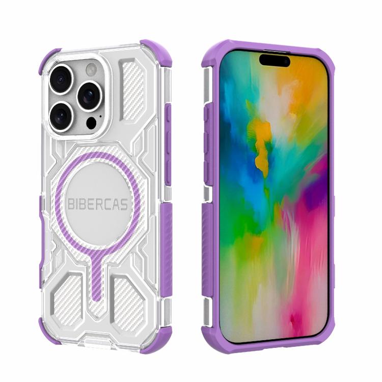 For iPhone 16 Pro BIBERCAS Transparent Color Series MagSafe Air Bag Shockproof Phone Case(Purple)