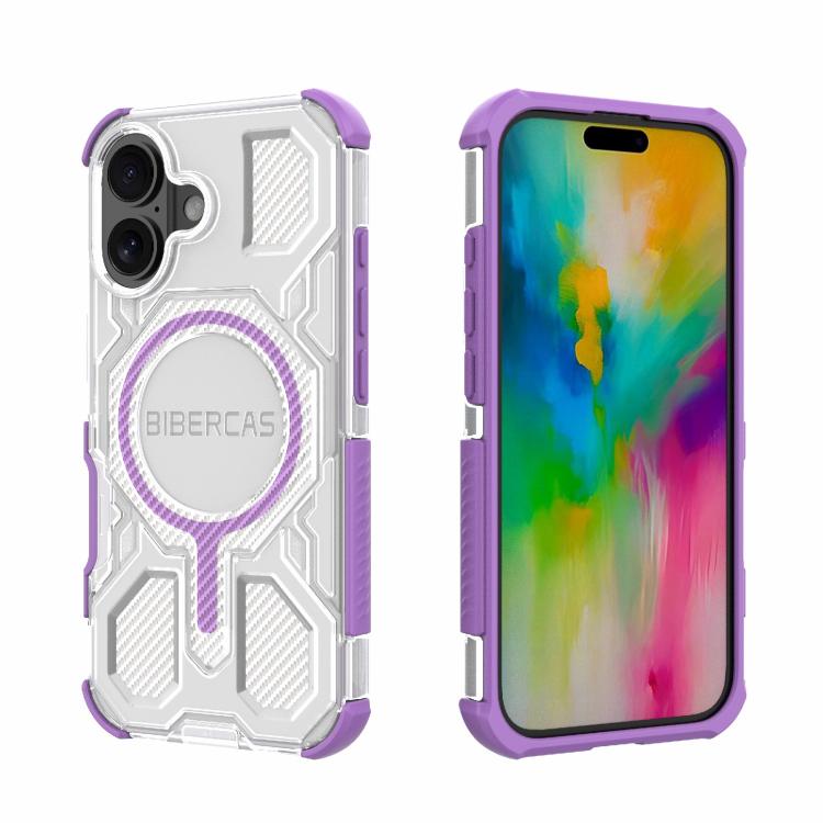 

For iPhone 16 BIBERCAS Transparent Color Series MagSafe Air Bag Shockproof Phone Case(Purple)