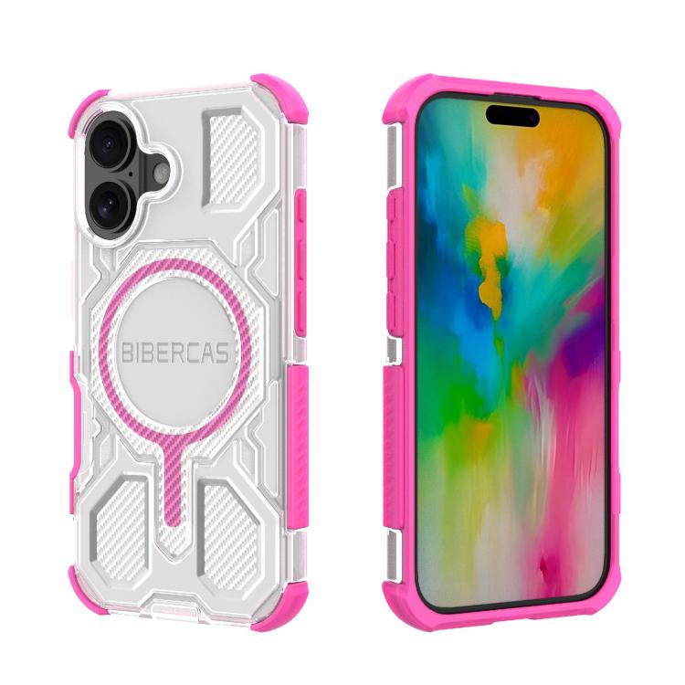 For iPhone 16 BIBERCAS Transparent Color Series MagSafe Air Bag Shockproof Phone Case(Pink)