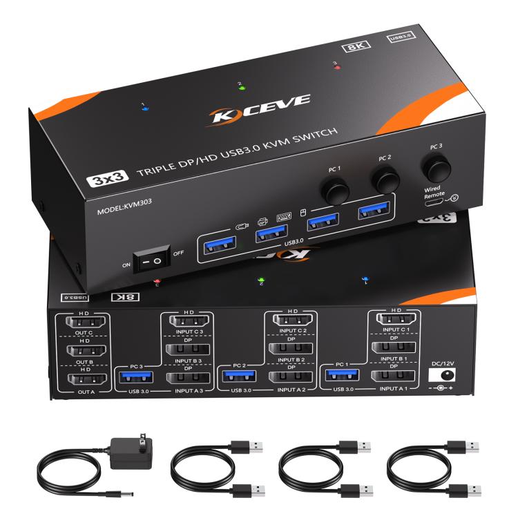 

KVEVE KC-KVM303 USB 3.0 Dual Monitor 8K 60Hz KVM Switch, Plug Type:US Plug