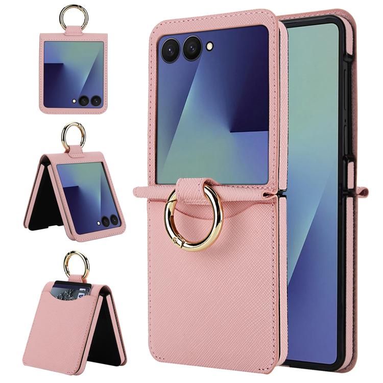 

For Samsung Galaxy Z Flip7 5G Cross Texture Ring Design Card Slot Leather Phone Case(Pink)
