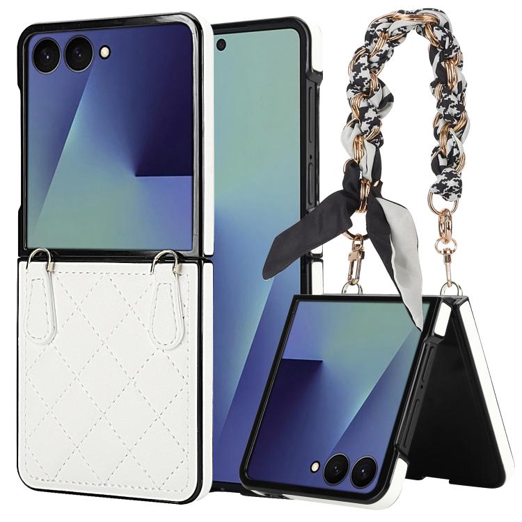 

For Samsung Galaxy Z Flip7 5G Rhombic Leather Phone Case with Scarf / Bracelet(White)