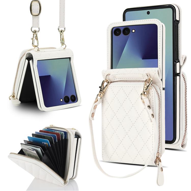 

For Samsung Galaxy Z Flip7 5G Large Zipper Card Slot Leather Phone Case with Crossbody Strap(White)