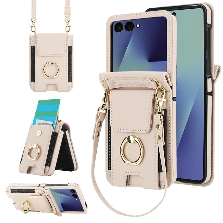 

For Samsung Galaxy Z Flip7 5G Ring Holder Wallet Card Slot Leather Phone Case(White)