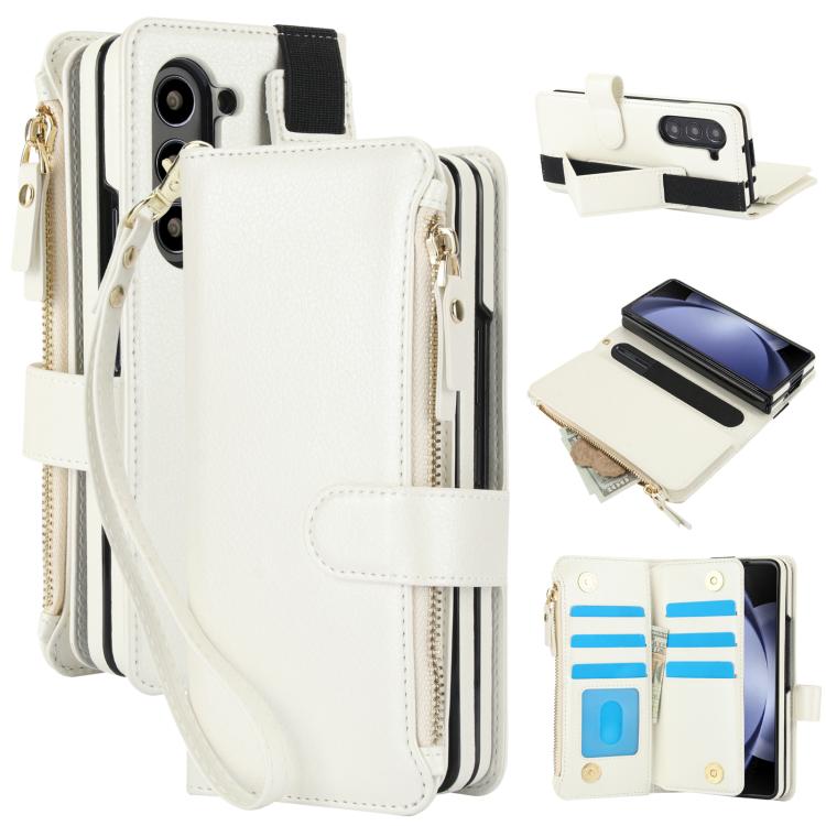 

For Samsung Galaxy Z Fold7 Solid Color Wristband Wallet Folding Leather Phone Case with Lanyard(White)