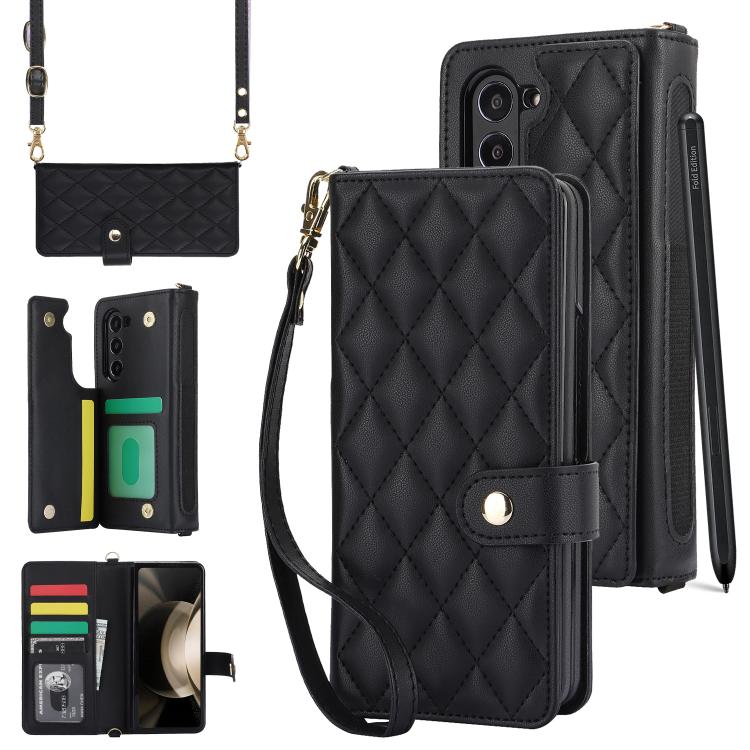 

For Samsung Galaxy Z Fold7 Rhombic Texture Crossbody Multifunctional Leather Phone Case(Black)