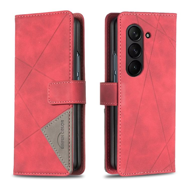 

For Samsung Galaxy Z Fold7 Magnetic Buckle Rhombus Texture Leather Phone Case(Red)