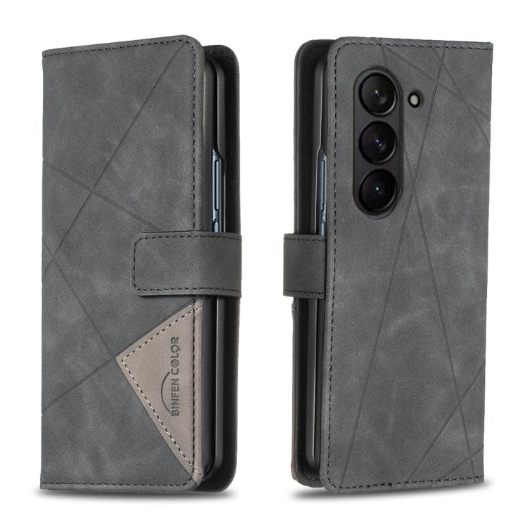 

For Samsung Galaxy Z Fold6 Magnetic Buckle Rhombus Texture Leather Phone Case(Black)