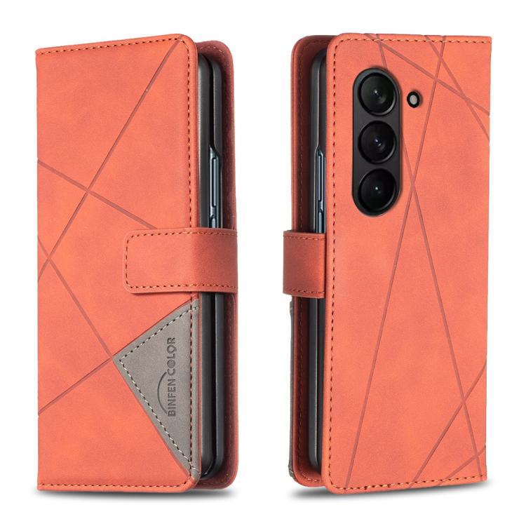 

For Samsung Galaxy Z Fold5 Magnetic Buckle Rhombus Texture Leather Phone Case(Brown)