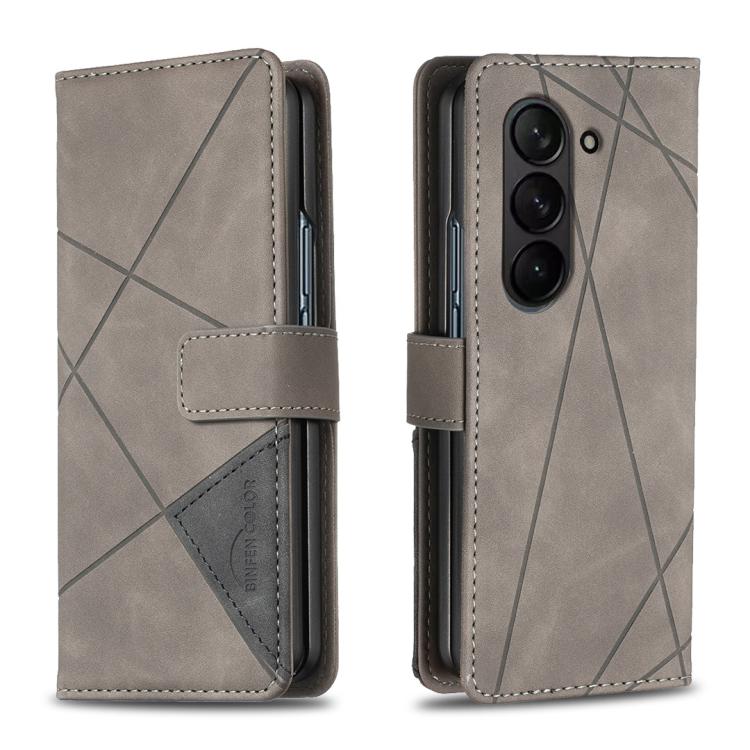 

For Samsung Galaxy Z Fold5 Magnetic Buckle Rhombus Texture Leather Phone Case(Grey)