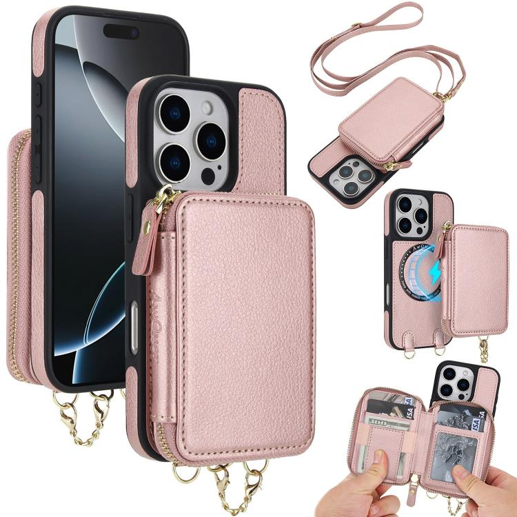 

For iPhone 16 Pro Max AwQuer 2 in 1 Crossbody Zipper Wallet Leather Back Phone Case(Rose Gold)