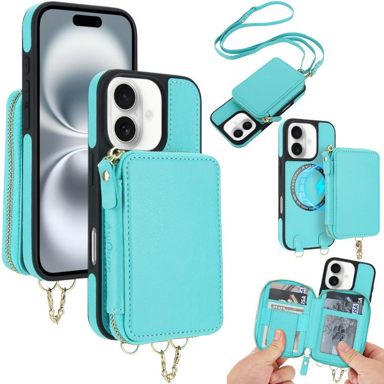 

For iPhone 16 Plus AwQuer 2 in 1 Crossbody Zipper Wallet Leather Back Phone Case(Light Green)