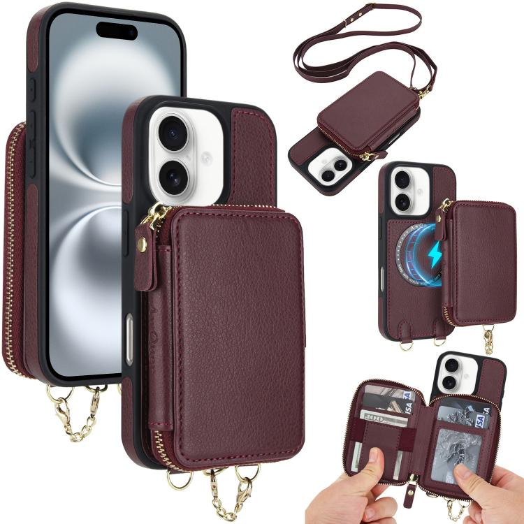 

For iPhone 16 AwQuer 2 in 1 Crossbody Zipper Wallet Leather Back Phone Case(Wine Red)