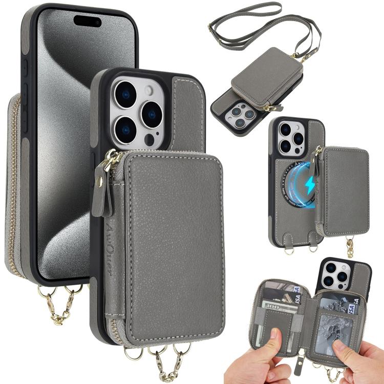 

For iPhone 15 Pro AwQuer 2 in 1 Crossbody Zipper Wallet Leather Back Phone Case(Grey)