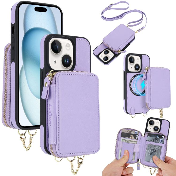 

For iPhone 15 Plus AwQuer 2 in 1 Crossbody Zipper Wallet Leather Back Phone Case(Light Purple)