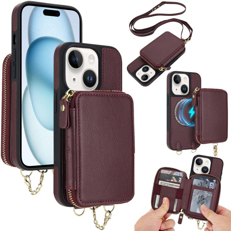 

For iPhone 15 AwQuer 2 in 1 Crossbody Zipper Wallet Leather Back Phone Case(Wine Red)