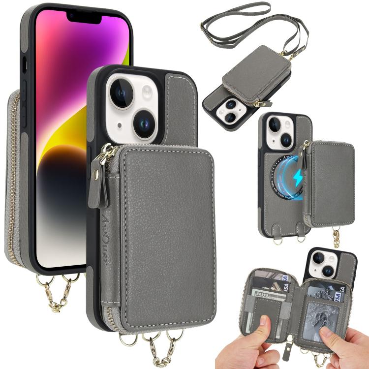 

For iPhone 14 / 13 AwQuer 2 in 1 Crossbody Zipper Wallet Leather Back Phone Case(Grey)