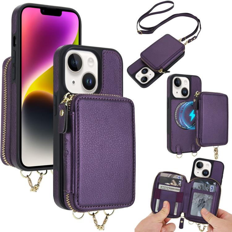 

For iPhone 14 / 13 AwQuer 2 in 1 Crossbody Zipper Wallet Leather Back Phone Case(Dark Purple)
