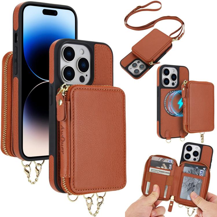 

For iPhone 14 Pro AwQuer 2 in 1 Crossbody Zipper Wallet Leather Back Phone Case(Brown)
