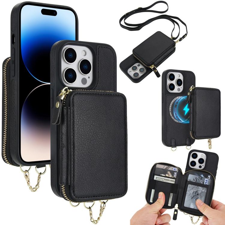

For iPhone 14 Pro Max AwQuer 2 in 1 Crossbody Zipper Wallet Leather Back Phone Case(Black)