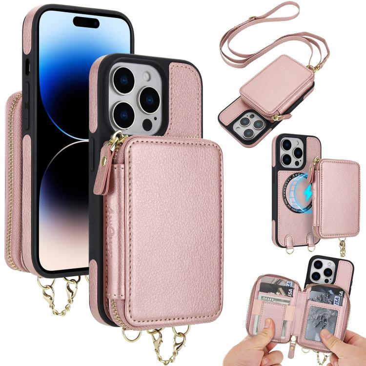 

For iPhone 14 Pro Max AwQuer 2 in 1 Crossbody Zipper Wallet Leather Back Phone Case(Rose Gold)