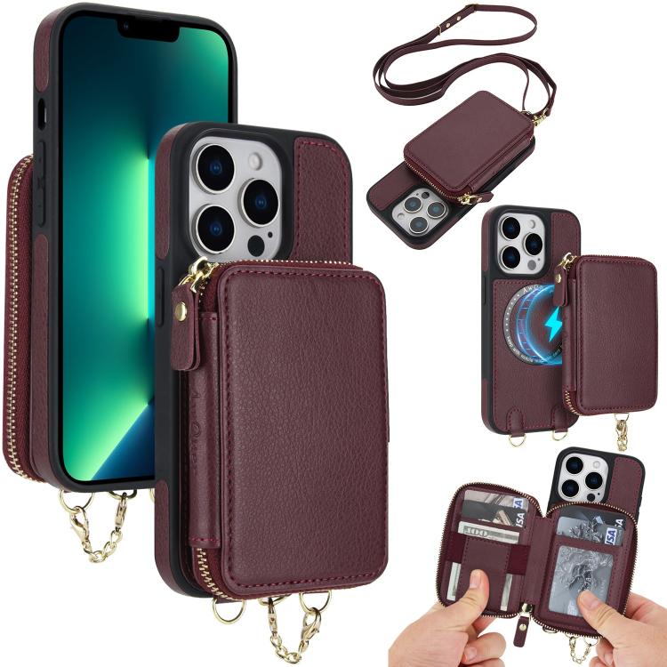 

For iPhone 13 Pro Max AwQuer 2 in 1 Crossbody Zipper Wallet Leather Back Phone Case(Wine Red)