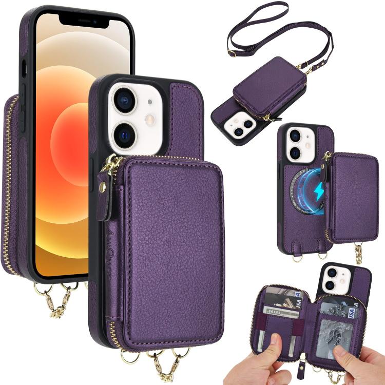 

For iPhone 12 / 12 Pro AwQuer 2 in 1 Crossbody Zipper Wallet Leather Back Phone Case(Dark Purple)