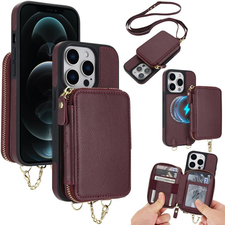 

For iPhone 12 Pro Max AwQuer 2 in 1 Crossbody Zipper Wallet Leather Back Phone Case(Wine Red)