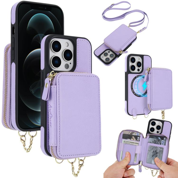 

For iPhone 12 Pro Max AwQuer 2 in 1 Crossbody Zipper Wallet Leather Back Phone Case(Light Purple)