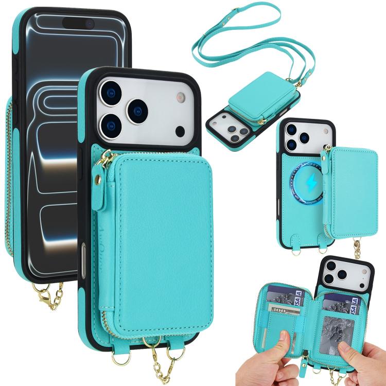 

For iPhone 17 Pro AwQuer 2 in 1 Crossbody Zipper Wallet Leather Back Phone Case(Light Green)